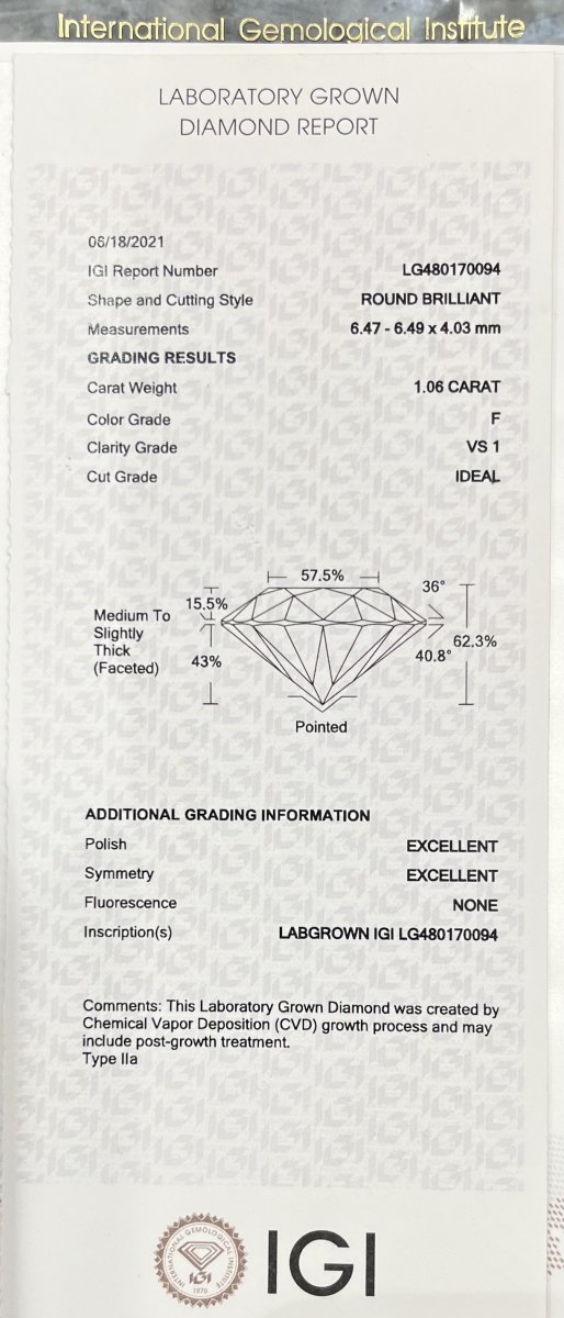 Lab-grown Solitair Ring 1.06 crt.